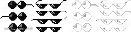 Pixel sunglasses icons set, retro pixelated glasses collection, meme and cool accessory vector illustration, black flat and line style design, digital 8-bit shades set on transparent background