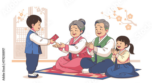 Korean Sebae Tradition Children Bowing to Elders for New Year Blessings.
