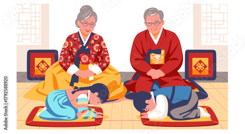 Korean Sebae Tradition Respectful Bows to Elders During Seollal.