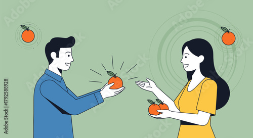 Man and Woman Exchanging Oranges in a Friendly Gesture.