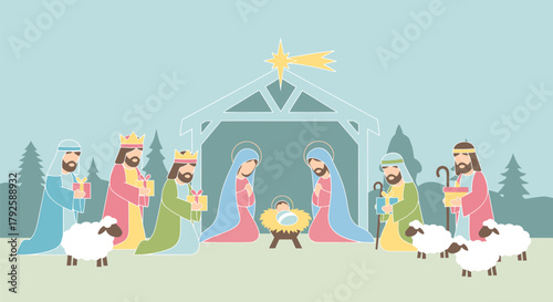 Nativity Scene with Three Wise Men and Shepherds.