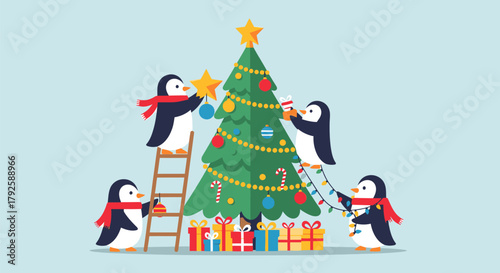 Penguins Decorating a Christmas Tree with Gifts.