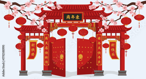 Ornate Red Chinese Gate with Lanterns and Blossoms.