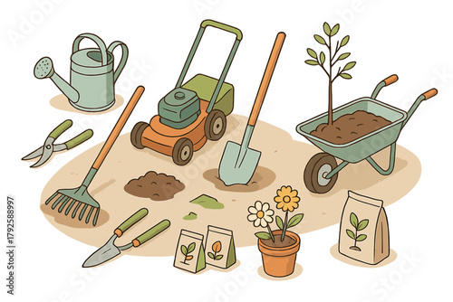 Essential gardening tools and equipment set for spring planting and yard maintenance