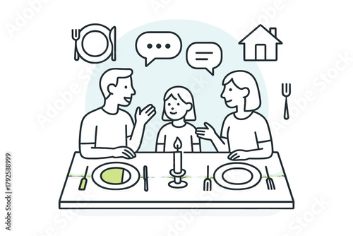 Parents and child having a lively dinner conversation at the kitchen table
