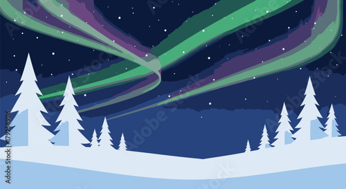 Winter Landscape with Aurora Borealis and SnowCovered Trees.