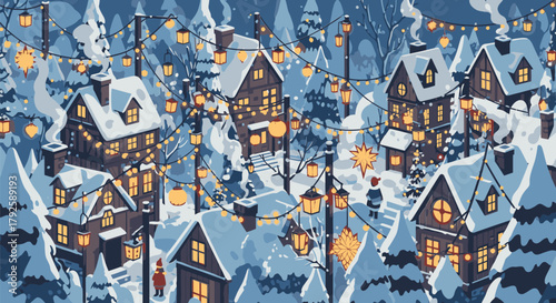 Winter Village Scene with Illuminated Houses and Snowy Landscape.