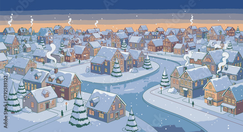 Winter Village Scene with SnowCovered Houses and Trees.