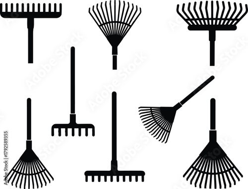 Black silhouette collection of garden rakes, leaf rakes, and lawn tools, isolated vector illustration for landscaping, agriculture, and gardening equipment design