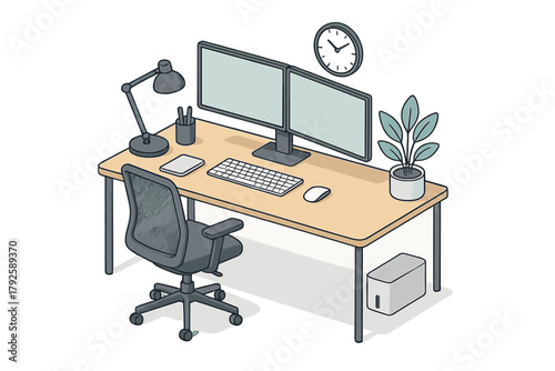 Modern ergonomic workspace setup with dual monitors and chair on a wooden desk