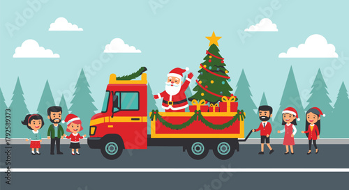 Santa Claus Delivering Christmas Tree on Truck with Cheering People.