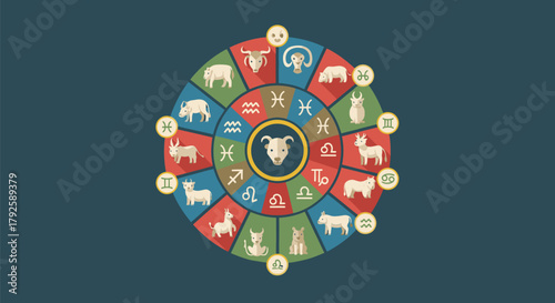 Zodiac Wheel with Astrological Signs and Symbols.