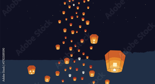 Sky Lanterns Ascending into the Night Sky.