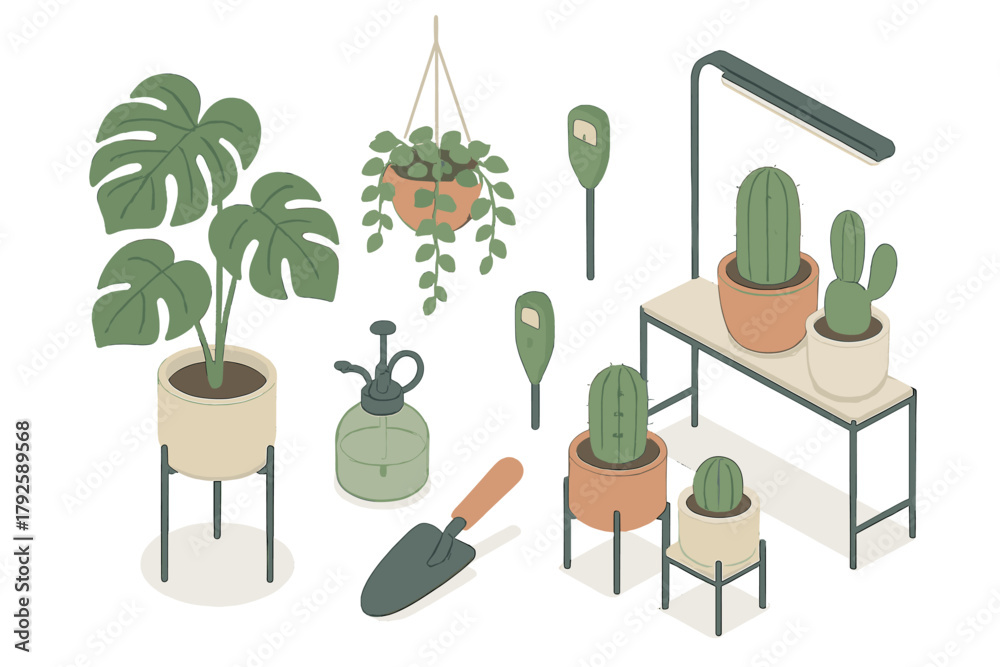 Obraz premium Isometric set of indoor gardening elements with potted plants, cactus, grow light, and cultivation tools