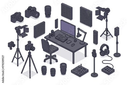 Professional studio equipment collection for photography, video production, and podcasting setup