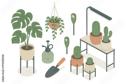 Isometric set of indoor gardening elements with potted plants, cactus, grow light, and cultivation tools