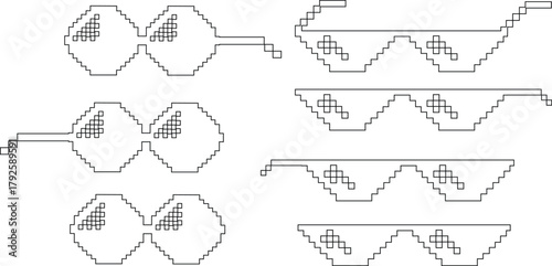 Pixel sunglasses icons set, retro pixelated glasses collection, meme and cool accessory vector illustration, black line style design, digital 8-bit shades set on transparent background