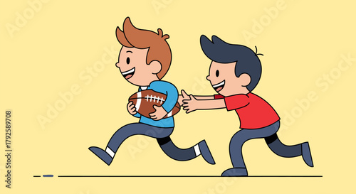 Two Boys Playing American Football and Running in a Cartoon Style.
