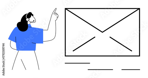 Woman in blue shirt gesturing toward a large envelope icon, symbolizing email or messages. Ideal for digital communication, messaging, social media, teamwork, notifications, marketing, organization