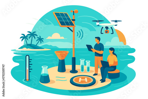 Researchers monitoring climate data using a solar station and drone on a tropical beach