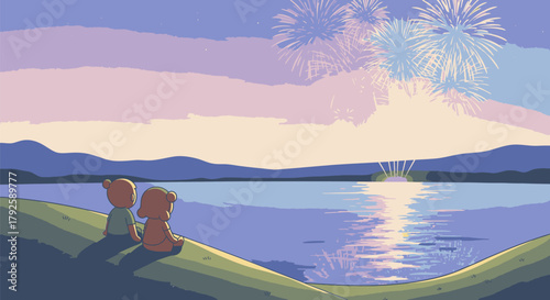 Two figures watching fireworks over a lake at dusk.