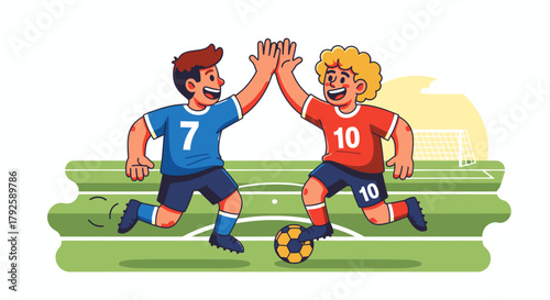 Two Soccer Players HighFiving After a Game.