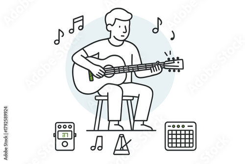 Musician playing acoustic guitar surrounded by music production equipment and floating notes