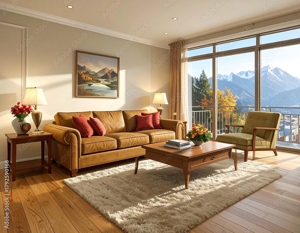 Fototapeta premium Cozy Living Room with Mountain View and Natural Light.