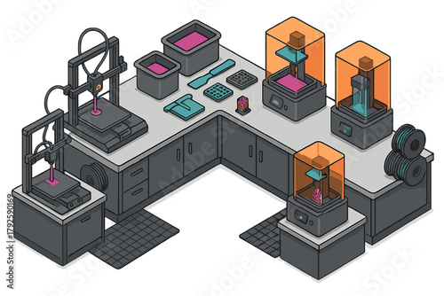 Modern technology laboratory workspace featuring 3D printing equipment and supplies