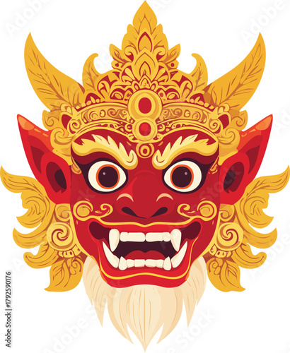 A vibrant and detailed illustration of a traditional Balinese Barong mask, featuring a fierce red face with sharp teeth and golden ornate headdress.