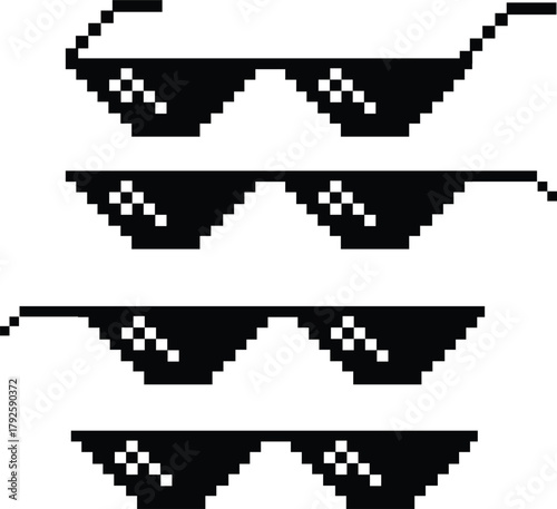 Pixel sunglasses icons set, retro pixelated glasses collection, meme and cool accessory vector illustration, black flat style design, digital 8-bit shades set on transparent background