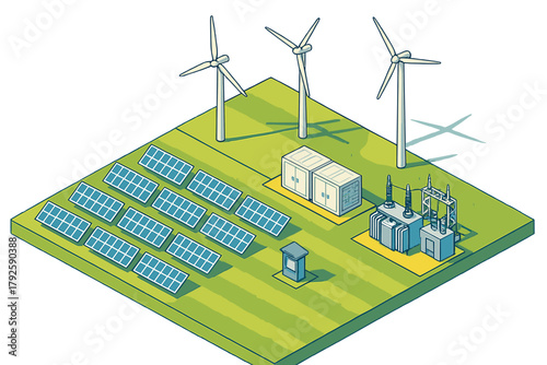 Renewable energy power grid system with solar panels, wind turbines, battery storage, and electrical substation