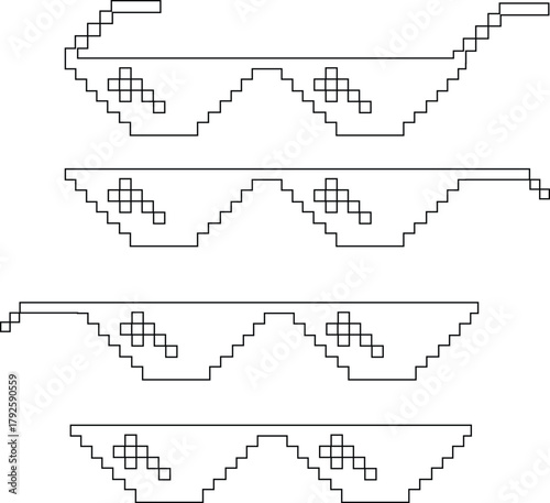 Pixel sunglasses icons set, retro pixelated glasses collection, meme and cool accessory vector illustration, black line style design, digital 8-bit shades set on transparent background