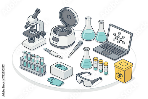 Isometric set of essential laboratory equipment and scientific research tools