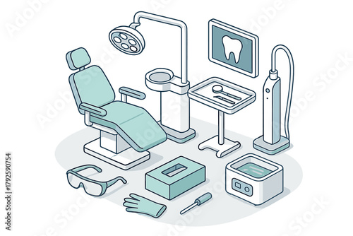 Isometric dental setup with examination chair, overhead light, instruments, and -ray display