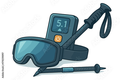 Winter adventure safety equipment set featuring ski goggles, digital transceiver, and snow probe