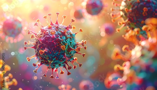 Microscopic rendition of virus cells with spikes, glowing, colorful, and blurred bokeh background