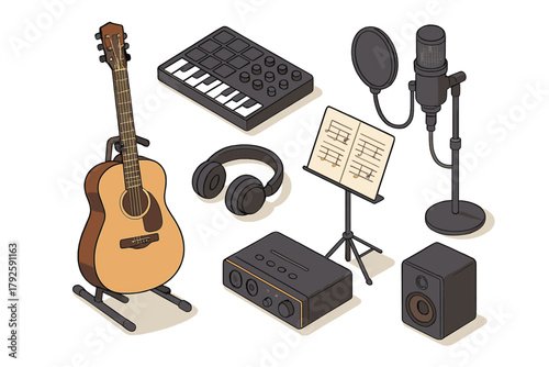 Isometric music production and recording studio equipment set with acoustic guitar microphone MIDI controller