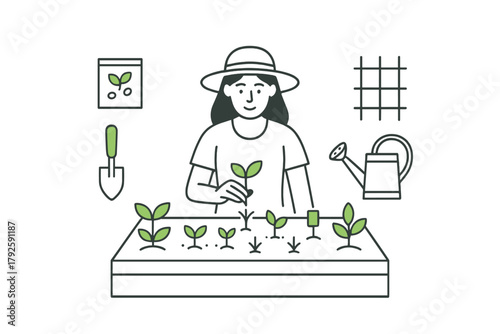 Female gardener tending young plants in a raised bed surrounded by essential gardening equipment