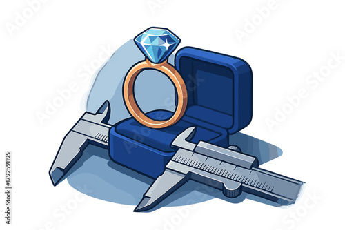 Precision measurement of a large diamond engagement ring resting in an open blue velvet jewelry box