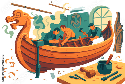 Shipwrights building a traditional wooden longship with a dragon head