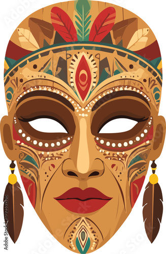 An intricately designed tribal mask with vibrant colors and feather accents, evoking a sense of cultural heritage and mystery.