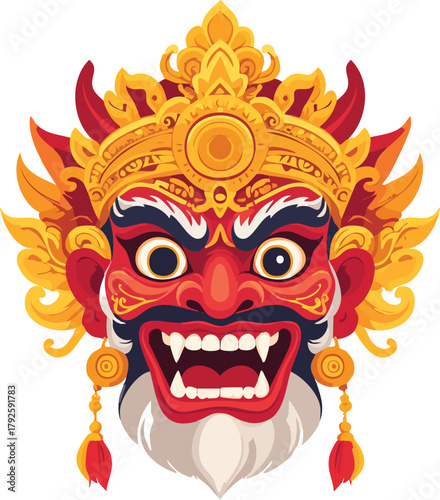 A vibrant and detailed illustration of a traditional Balinese demon mask, featuring intense red and gold colors, sharp teeth, and elaborate headdress.