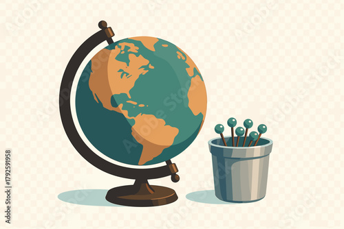 Stylized retro world globe model standing beside a cup filled with turquoise map tacks