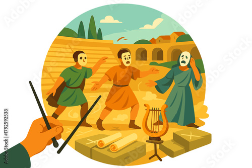 Three actors in ancient robes performing a classical drama scene on an outdoor stage with props