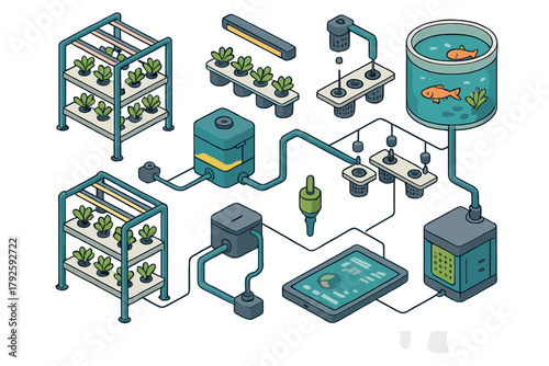 Isometric diagram of a closed-loop aquaponics system for sustainable food production