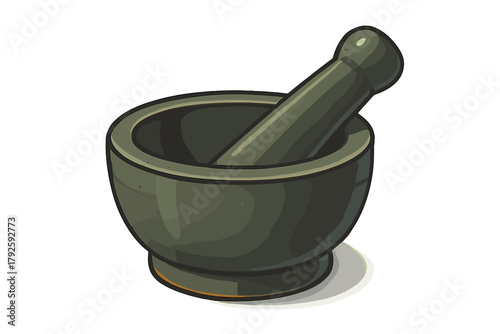 Traditional dark green mortar and pestle kitchen tool for grinding spices and herbs
