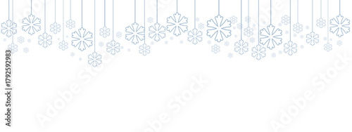 Winter holiday border or banner with pale blue hanging snowflakes of various sizes suspended by thin lines against a clean white background. Minimalist, cold-toned design suitable for winter.