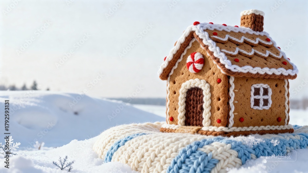 Naklejka premium Gingerbread house on snow-covered ground with festive decorations 