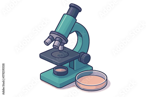 Isometric compound microscope and petri dish with biological culture medium